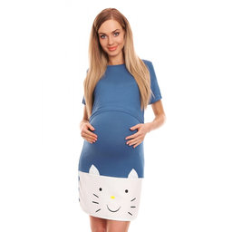 Be MaaMaa Tehotenská, dojčiaca nočná košeľa s s motívom mačky, kr. rukáv - modrá