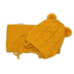BABY NELLYS Zimná pletená čiapočka s šálom TEDDY - horčicová s brmbolcami, vel. 62/68