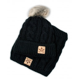 BABY NELLYS Zimná pletená čiapka s brmbolcom + komín, čierna, veľ. 104/116