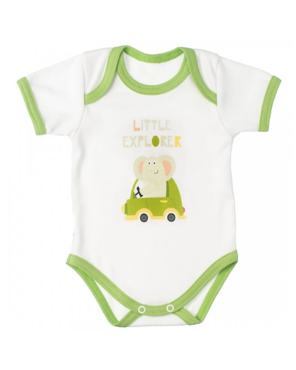 MBaby Bavlnené body s krátkym rukávom, Sloníča Little Explorer, bielo/zelené, veľ. 62