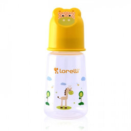 Dojčenská fľaštička Lorelli 125 ml s vikom v tvare zvieraťa, yellow
