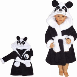 Z&Z Luxusný chlupáčkový župan s kapucňou a opaskom, Panda - čierna