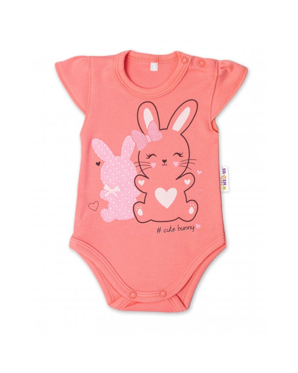 Baby Nellys Bavlnené dojčenské body, kr. rukáv, Cute Bunny - lososové, veľ. 62