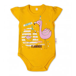 Baby Nellys Bavlnené dojčenské body, kr. rukáv, Flamingo - horčicove, veľ. 62