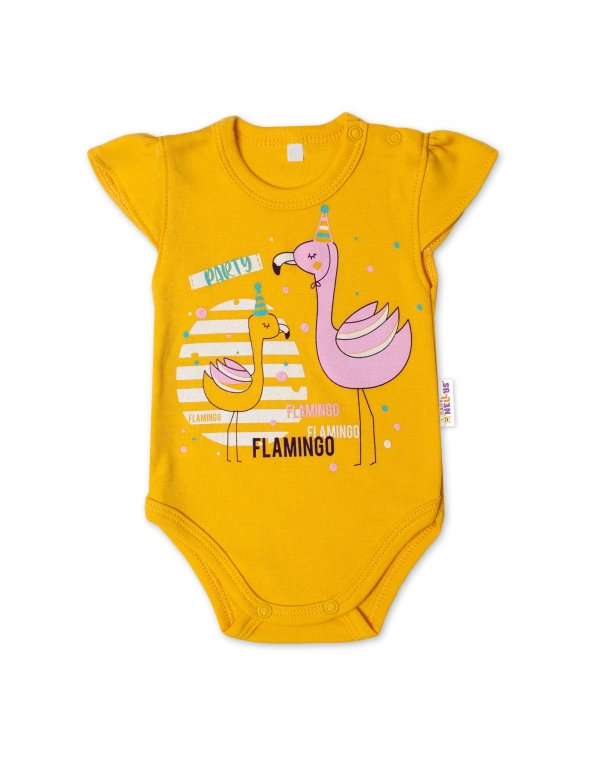 Baby Nellys Bavlnené dojčenské body, kr. rukáv, Flamingo - horčicove, veľ. 62