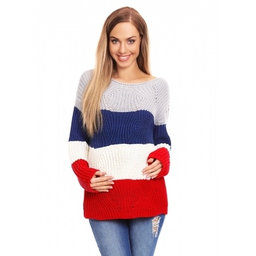 Be Maamaa Teploučký tehotenský sveter, široké pruhy - jeans, červená