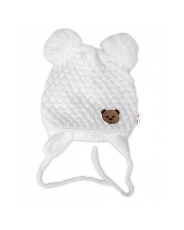 BABY NELLYS Zimná pletená čiapka Teddy Bear na zaväzovanie, biela, smotana, 68/80, (6-12m)