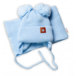 BABY NELLYS Zimná čiapka s šálom STAR - modrá s brmbolcami, veľ. 68/80