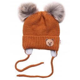 BABY NELLYS Zimná čiapka s fleecom Teddy Bear - chlupáčk. bambuľky - hnedá, šedá