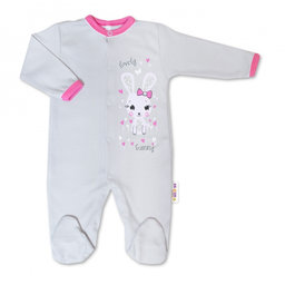 Baby Nellys Bavlnený dojčenský overal Lovely Bunny - sivý / ružový, veľ. 86