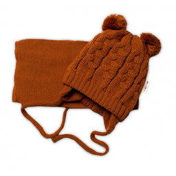 BABY NELLYS Zimná pletená čiapočka s šálom TEDDY - hnědá s brmbolcami, vel. 62/68