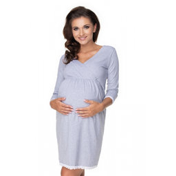 Be MaaMaa Tehotenská, dojčiace nočná košeľa s čipkou, 3/4 rukáv - šedá, veľ. L/XL