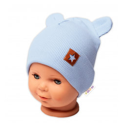 Baby Nellys Rebrovaná dvojvrstvová čiapka s uškami TEDDY - sv. modrá
