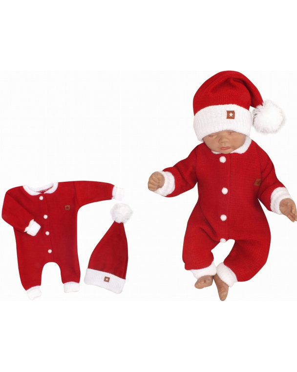 Z&Z 2-dielna sada Pletený overálok + čiapočka Baby Santa, červený, veľ. 62