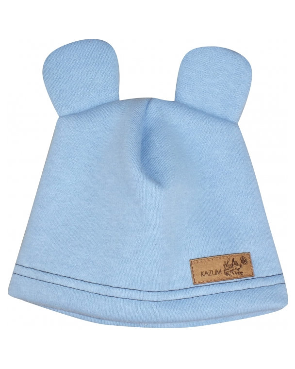 Teplá detská čiapka Kazum, bavlnená s uškami, modrá