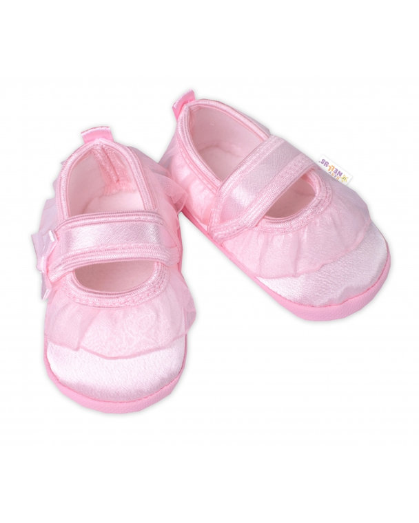 Dojčenské capáčky/topánočky s čipkou a mašľou, Baby Nellys, ružové, veľ. 62/68, 11,5 cm