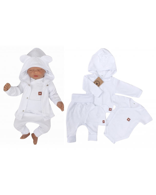Novorodenecká sada 4D, body kr. rukáv, tepláčiky, kabátik a čiapočka Z&Z, biela