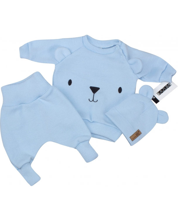 Pletená dojčenská sada 3D Medvedík, svetrík, tepláčiky + čiapočka Kazum, modrá
