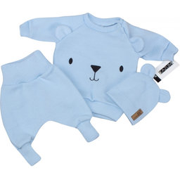 Pletená dojčenská sada 3D Medvedík, svetrík, tepláčiky + čiapočka Kazum, modrá, veľ. 68