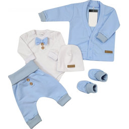 Bavlnená sada, body, nohavice, motýlik a čiapka Elegant Boy 5D, Kazum, modrá/biela