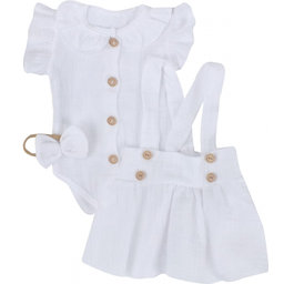 Mušelínová suknička s lacnom, bodýčko a čelenka, 3D sada, biela/biela
