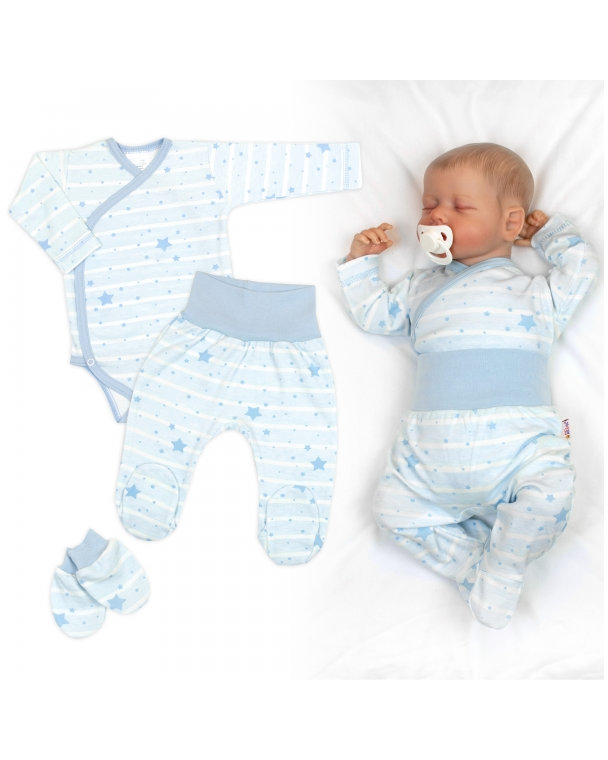 Zavinovacie body, polodupačky + rukavičky, 3D bavlnená sada Baby Stars, pastel blue