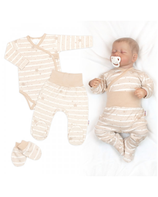 Zavinovacie body, polodupačky + rukavičky, 3D bavl. sada Baby Stars, pastel beige, veľ. 56