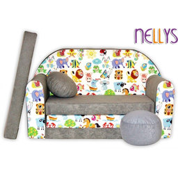 Rozkladacia detská pohovka XL Nellys, Malé zvieratká safari v sivej