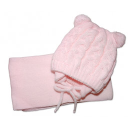 BABY NELLYS Zimná pletená čiapočka s šálom TEDDY s brmbolcami - sv. ružová, vel. 62/68