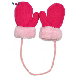 YO! Zimné detské rukavice s kožušinou - šnúrkou YO - malinová/ružová kožušina, 98/104