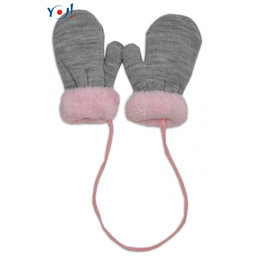 YO !  Zimné detské rukavice s kožušinou - šnúrkou YO - sivá/ružová kožušina