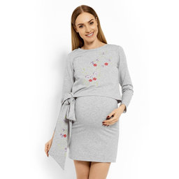 Elegantné tehotenské šaty, tunika s výšivkou a stuhou, L/XL- jasno sivý (dojčiace)